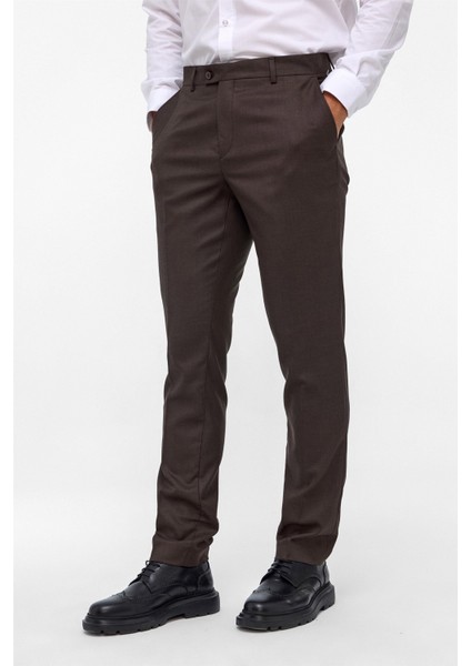Koyu Kahve Slim Fit Armürlü Kumaş Pantolon modelleri