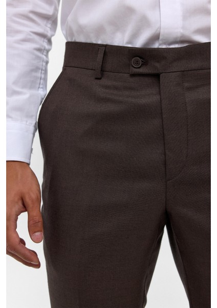 Koyu Kahve Slim Fit Armürlü Kumaş Pantolon fırsatları