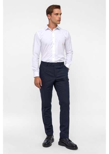 Lacivert Slim Fit Armürlü Kumaş Pantolon