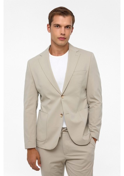 Bej Slim Düz Mono Yaka 6 Drop Spor Takım Elbise