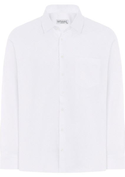 Beyaz Regular Armürlü Klasik Yaka Gömlek