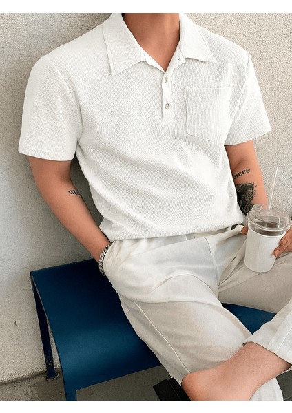 Erkek Oversize Polo Yaka Waffle T-Shirt Poloyaka-Düğmeli