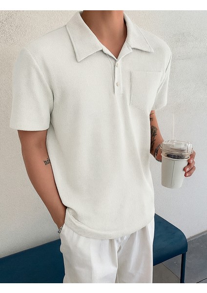 Erkek Oversize Polo Yaka Waffle T-Shirt Poloyaka-Düğmeli fiyatları