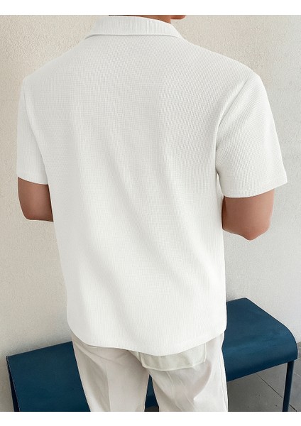 Erkek Oversize Polo Yaka Waffle T-Shirt Poloyaka-Düğmeli modelleri