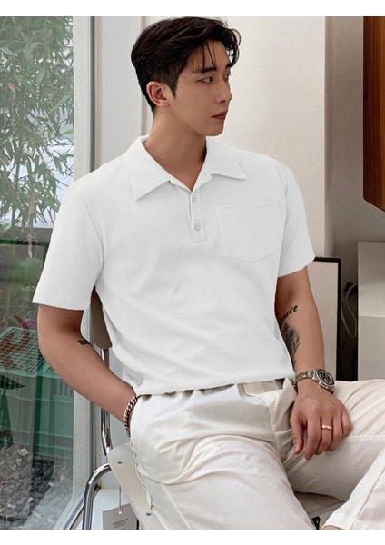 Erkek Oversize Polo Yaka Waffle T-Shirt Poloyaka-Düğmeli fırsatları