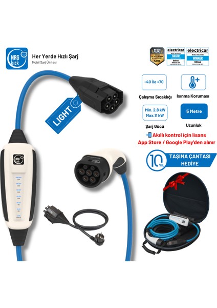 Çantalı Başlangıç Set 16A Light 11KW 5 Metre Ac Mobil Elektrikli Araç Şarj Istasyonu Ev Prizli (Wallbox)