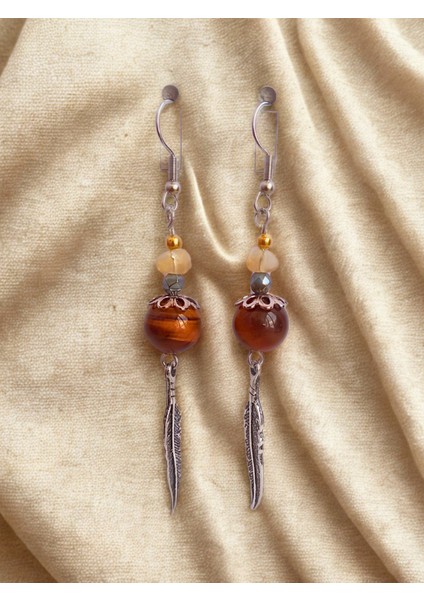 Sitrin Hematit Kaplan Gözü Taşlı Kartal Tüyü Detaylı Gümüş Renk Sallantılı Kadın Küpe