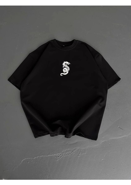 Baskılı Oversize Bisiklet Yaka T-Shirt - Siyah