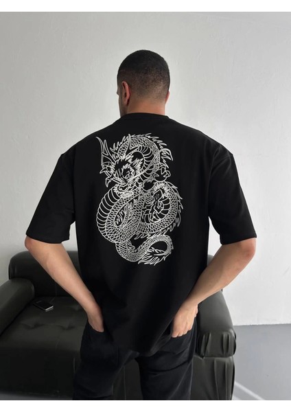Baskılı Oversize Bisiklet Yaka T-Shirt - Siyah modelleri