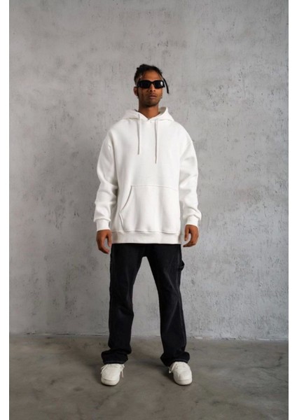 3 Iplik Kapşonlu Sweatshirt Hoodie - Beyaz modelleri