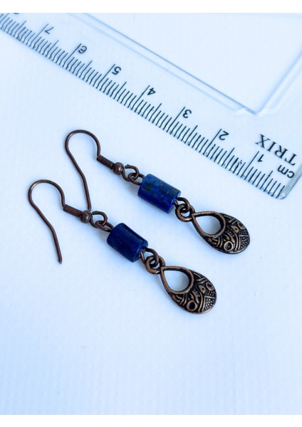 Lapis Lazuli Doğal Taşlı Eskitme Koyu Bakır Sallantılı Kadın Küpe – Otantik Zamak Aparatlı
