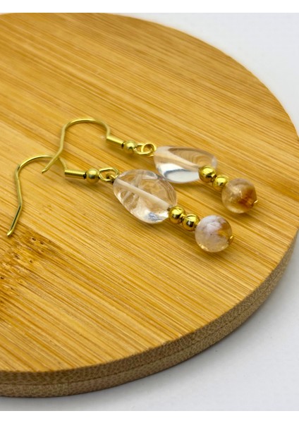 Doğal Taş Kristal Kuvars & Sitrin Kadın Küpe - Boho Tarzı Gold Renk Kancalı Yazlık Küpe