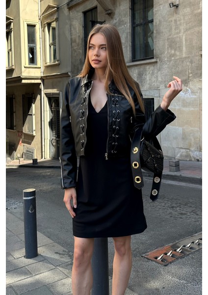 Kadın Siyah Crop Suni Deri Ceket - Fermuar ve Bağcık Detaylı Biker Style fırsatları