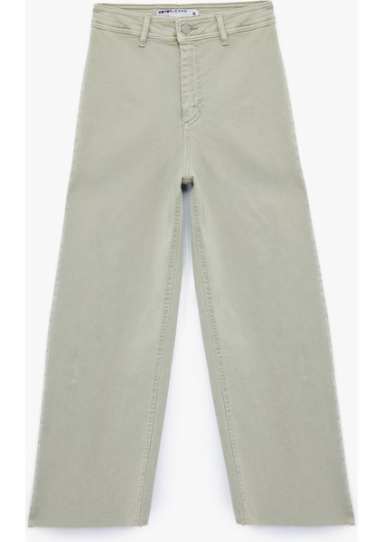 Yüksek Bel Düğmeli Cepli Rahat Kalıp Geniş Paça Denim Pantolon - Culotte Jeans