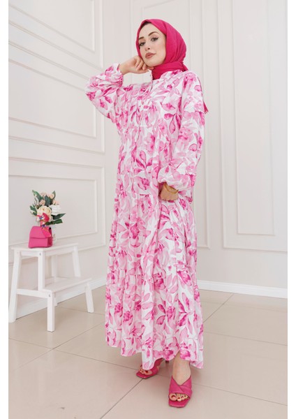 Kuşaklı Çiçekli Lina Elbise-Pembe