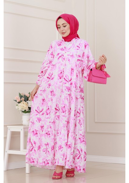 Kuşaklı Çiçekli Lina Elbise-Pembe fiyatları