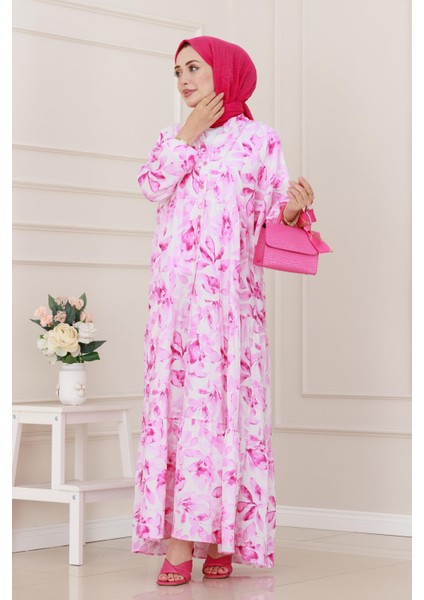 Kuşaklı Çiçekli Lina Elbise-Pembe modelleri