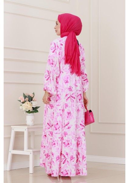 Kuşaklı Çiçekli Lina Elbise-Pembe indirimleri