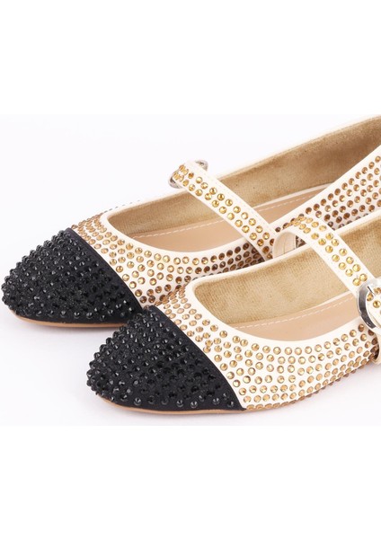 Kadın Bej Çift Renk Vurgulu Taş Işlemeli Babet - Glitzia modelleri