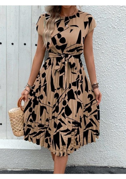 Kadın Kısa Yarasa Kollu Yuvarlak Yaka Beli Büzgülü Süprem Elbise