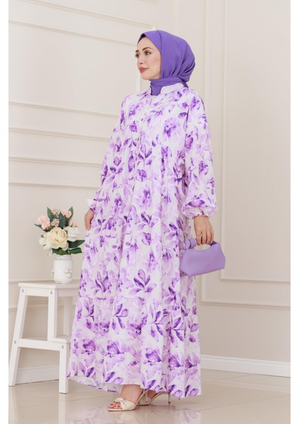 Kuşaklı Çiçekli Lina Elbise-Mor modelleri