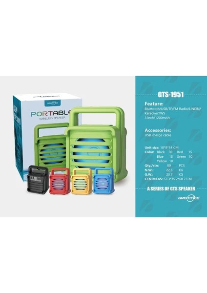GTS-1951 Hoparlör Bt Kablosuz Mini Gts Hoparlör Renkli Taşınabilir Subwoofer 3 Inç Açık Hoparlör Tws USB Tf Mp3