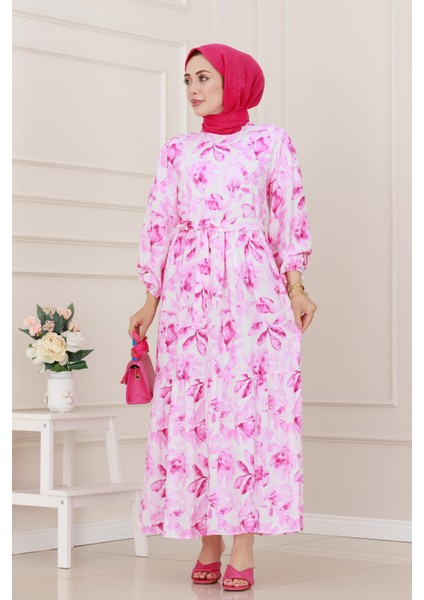Yarım Düğmeli Lotus Elbise-Pembe