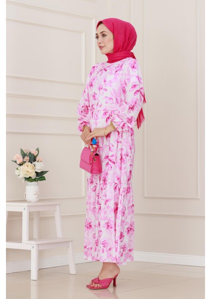 Yarım Düğmeli Lotus Elbise-Pembe modelleri