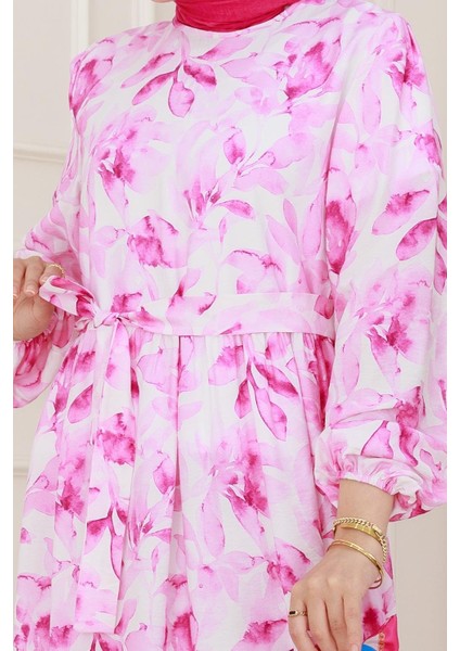 Yarım Düğmeli Lotus Elbise-Pembe fırsatları
