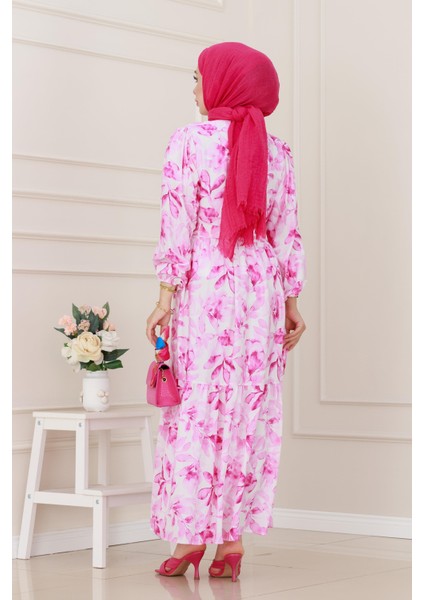 Yarım Düğmeli Lotus Elbise-Pembe indirimleri