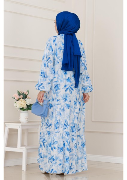 Kuşaklı Çiçekli Lina Elbise-Mavi