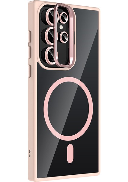 Samsung Galaxy S23 Ultra Kılıf Etro Standlı Kamera Lens Koruyucu Hediye Pembe