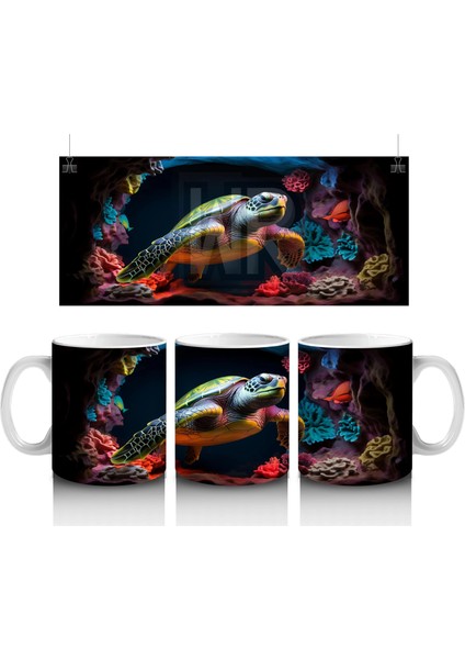 Renkli Mercan Resifinde Yüzen Deniz Kaplumbağası – Baskılı Kahve Kupası