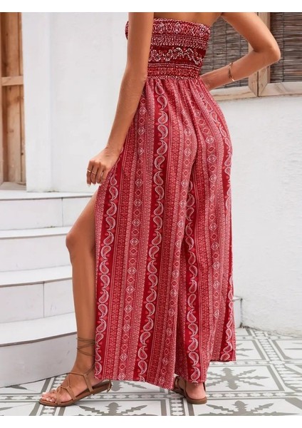 Kadın Yakası Gipe Detaylı Önden Yırtmaç Detaylı Desenli Süprem Pantolon Etek fırsatları