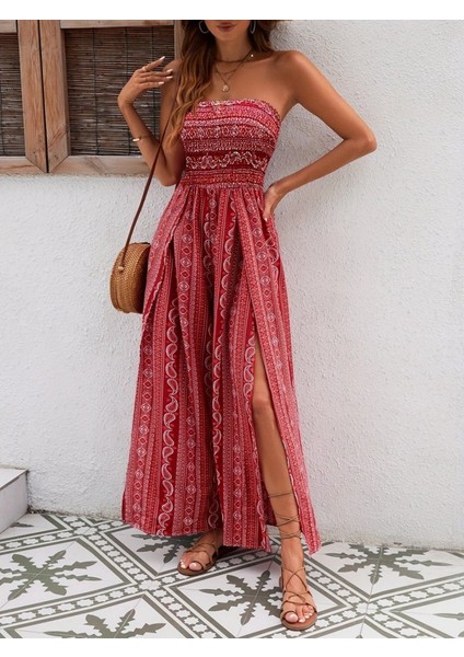 Kadın Yakası Gipe Detaylı Önden Yırtmaç Detaylı Desenli Süprem Pantolon Etek indirimleri