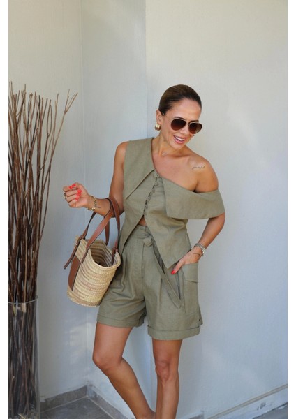 Haki Tek Omuz Kargo Cep Detay Şort Bluz Takım