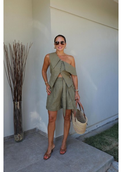 Haki Tek Omuz Kargo Cep Detay Şort Bluz Takım fiyatları