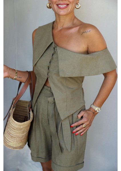 Haki Tek Omuz Kargo Cep Detay Şort Bluz Takım modelleri