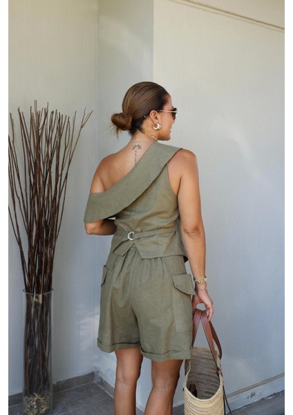 Haki Tek Omuz Kargo Cep Detay Şort Bluz Takım fırsatları