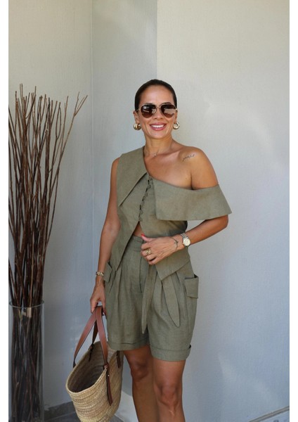 Haki Tek Omuz Kargo Cep Detay Şort Bluz Takım indirimleri