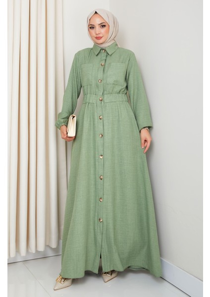 Kadın Cep Detaylı Düğmeli Kuşaklı Haki Keten Elbise