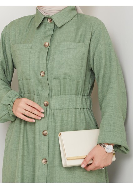 Kadın Cep Detaylı Düğmeli Kuşaklı Haki Keten Elbise fırsatları