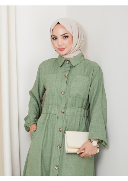 Kadın Cep Detaylı Düğmeli Kuşaklı Haki Keten Elbise indirimleri