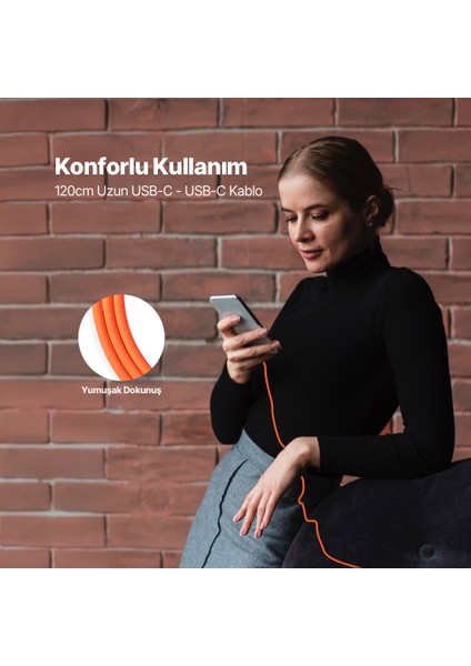 Usb-C - Usb-C 120CM 60W Pd/qc Hızlı Şarj/data Kablosu Neon Turuncu 2DK59NT modelleri