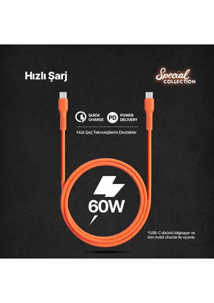 Usb-C - Usb-C 120CM 60W Pd/qc Hızlı Şarj/data Kablosu Neon Turuncu 2DK59NT fırsatları
