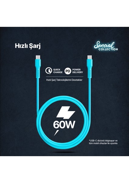 Usb-C - Usb-C 120CM 60W Pd/qc Hızlı Şarj/data Kablosu Neon Mavi 2DK59NM fırsatları