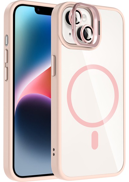 iPhone 14 Kılıf Standlı ve Kamera Lens Hediyeli M-Safe Şarj Özellikli Hlp Etro Kapak - Pembe