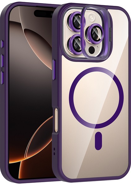 iPhone 16 Pro Max Kılıf Standlı ve Kamera Lens Hediyeli M-Safe Şarj Özellikli Hlp Etro Kapak - Deri