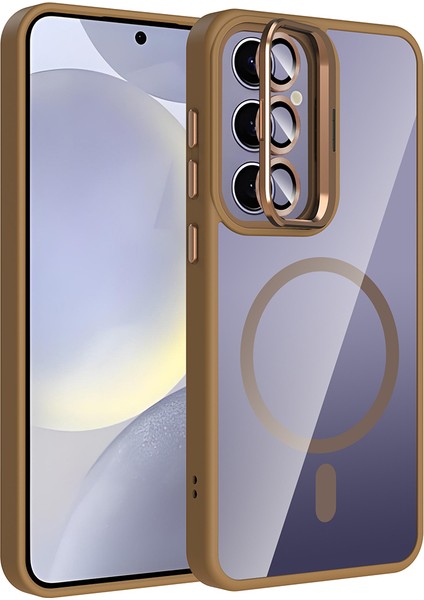 Galaxy S25 Plus Kılıf Standlı ve Kamera Lens Hediyeli M-Safe Şarj Özellikli Hlp Etro Kapak - Desert