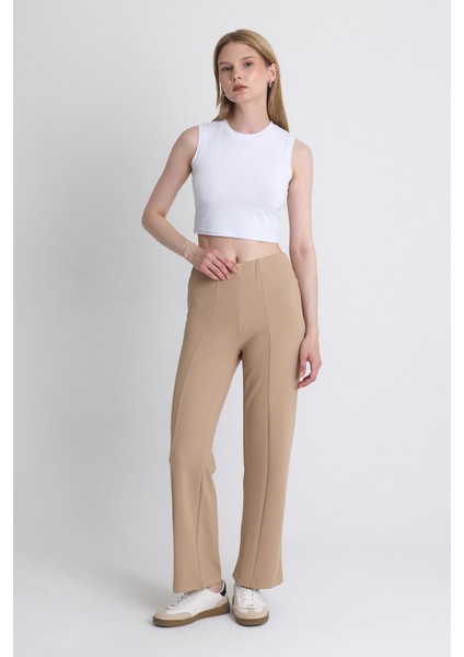 Bej Yüksek Bel Dikiş Detaylı Tayt Pantolon 1002